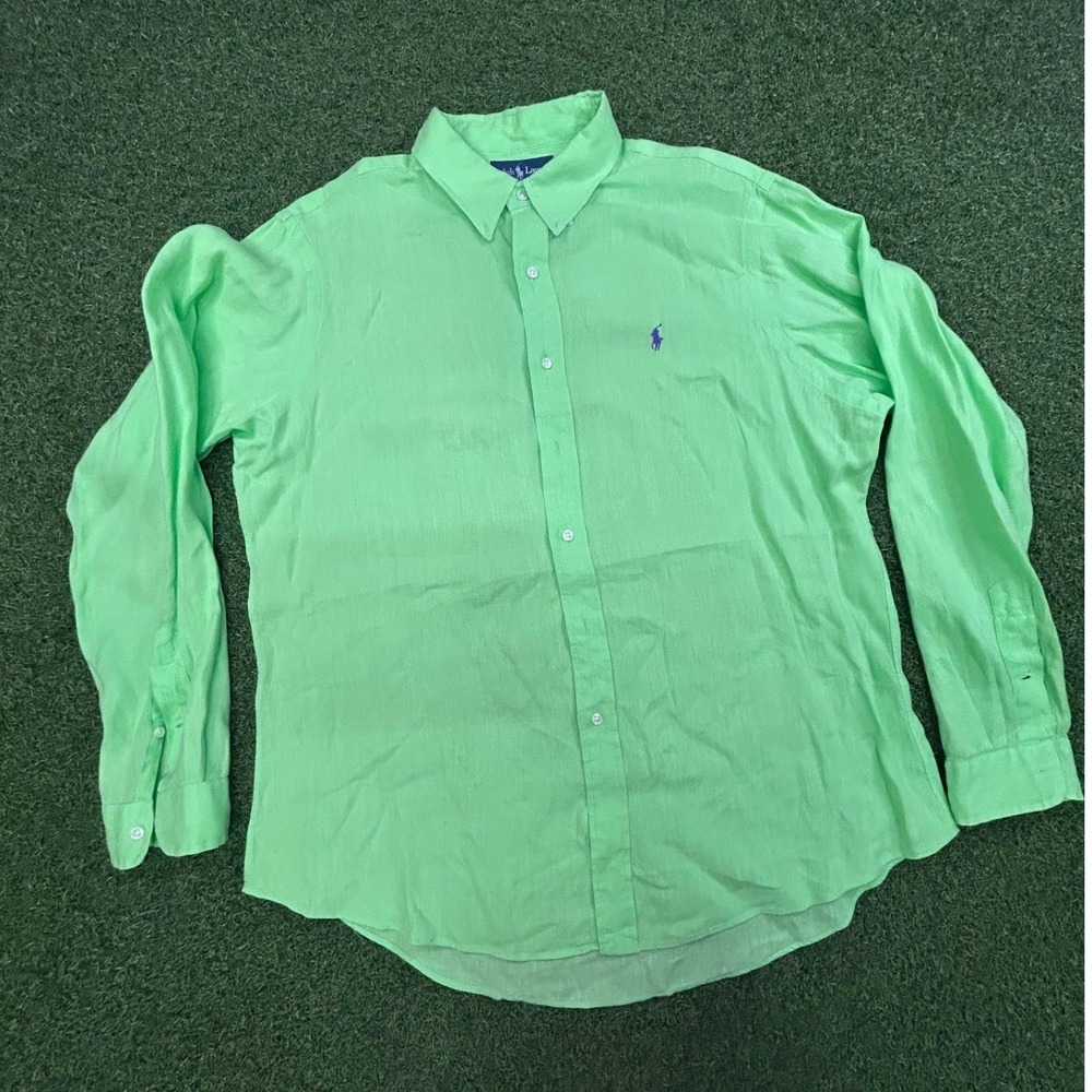 Polo Ralph Lauren Mens XL Lime Green Linen Button Down Shirt Custom Fit Pony